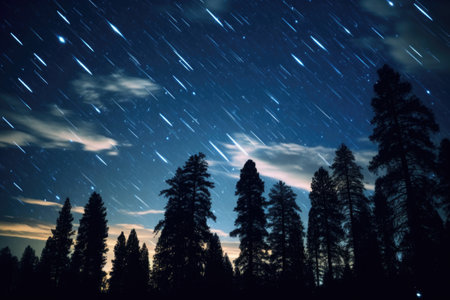 Night sky with shooting stars over the natural landscape. Meteor shower over silhouettes of trees.の素材