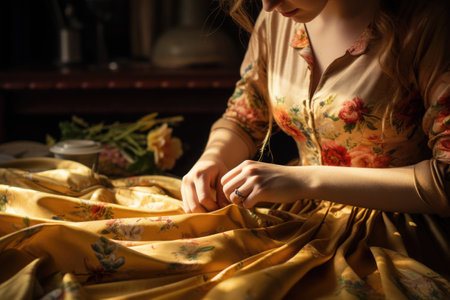 Woman sewing by hand with needle. Close up hands of female tailorの素材