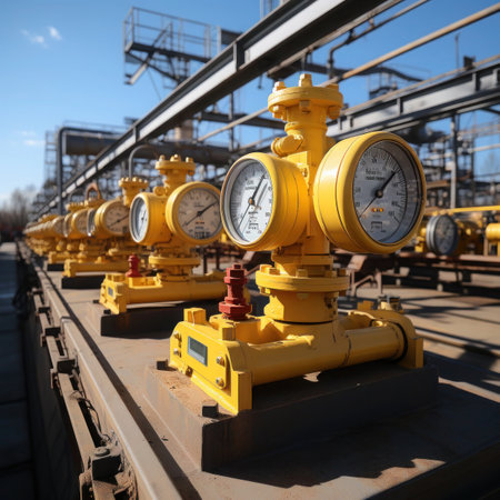 Measurement instrument for gas pressure. Yellow pressure gauge mounted on pipeline.の素材