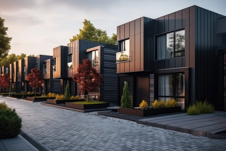 Townhouses facades in suburb. Luxury neighborhood with family houses. Modern residential complexesの素材