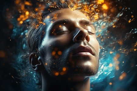Man face against abstract background. Concept of creativity and imagination. Person with closed eyes meditating and dreamingの素材