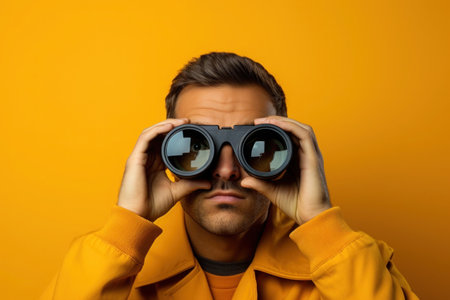 Man looking through binoculars on yellow background. Find and search conceptの素材
