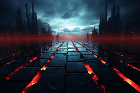 Post apocalyptic landscape with neon glowing lines on dark background. Abstract futuristic background with copy spaceの素材
