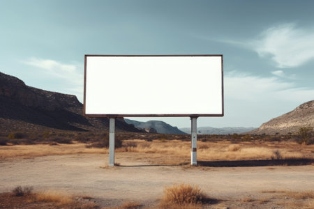 Big billboard with empty white screen standing in the valley. Blank advertising billboard in natural landscape with mountainsの素材