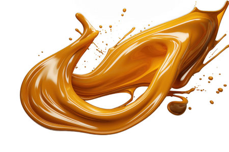 Splash of melted caramel sauce isolated on transparent background. Brown toffee wave splashing with droplets. Tasty confectionaryの素材