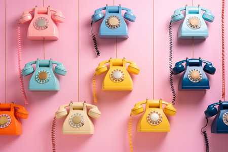 Colored retro telephones hanging on pink background. Vintage rotary phones, minimalistic style. Creative bannerの素材