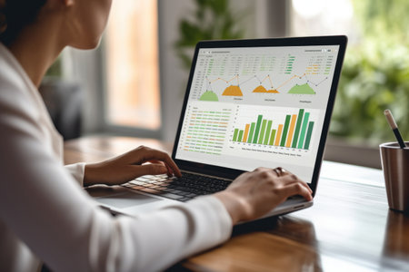 Female hands typing on laptop keyboard, infographic with charts and diagrams on screen. Woman analyzing information and statistics for strategy development. Business worker in office using laptopの素材