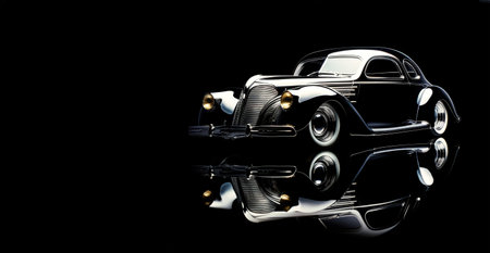 Classic retro car at night with reflections. American vintage vehicle on dark background.の素材