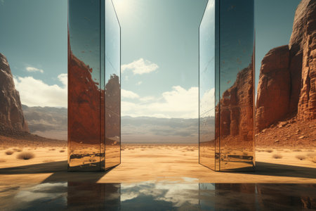 Desert landscape in digital style. Entrance into another world. Big standing mirror in natural landscape, tunnel to fantasy worldの素材