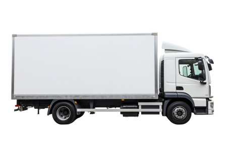 Cargo truck isolated on white background. Delivery car for distribution and logistics. Commercial freight transportationの素材