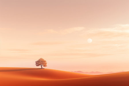 Minimalistic peaceful landscape with lonely tree. Nature background with tree silhouette. Calm and tranquility moodの素材