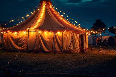 Circus tent with illuminations lights at night. Striped dome of traveling circus in amusement park.の素材