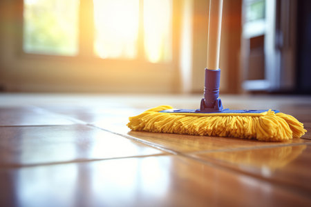 Microfiber wet mop for cleaning floor. House cleaning, household choresの素材