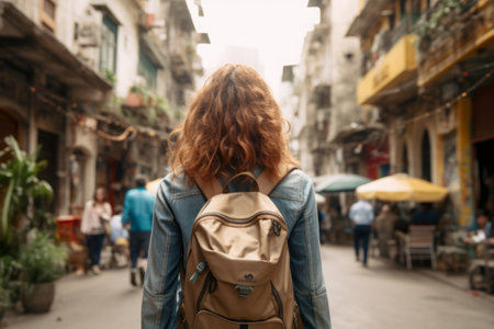 Back view of female tourist walking with backpack in street. Active holidays in summer, traveling to new citiesの素材