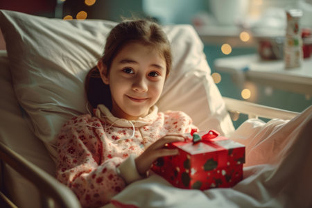 Boy in hospital room with gift box. Child in rehabilitation ward after visiting relativesの素材