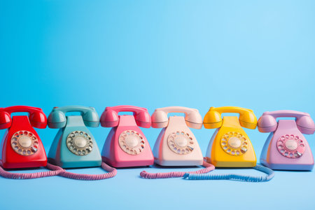 Colored retro telephones on blue background. Vintage rotary phones, minimalistic style. Creative bannerの素材