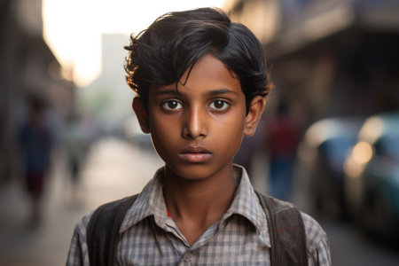 Portrait of tamil boy at busy indian or pakistan city street. Pakistani teenager looks at cameraの素材