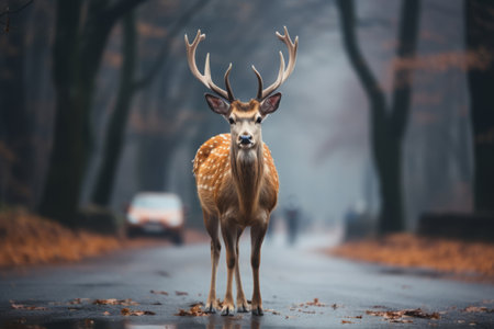 Wild animal on asphalt road in foggy morning, dangerous situation for driver on the road. Deer crossing car road near forestの素材