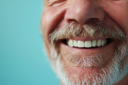 Elderly man with white teeth smiling on pastel blue background. Close up portrait of happy emotional bearded manの素材