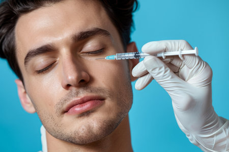 Young beautiful man receives botox injection for facelifting. Male aesthetic medicine. Cosmetology procedure in beauty clinicの素材