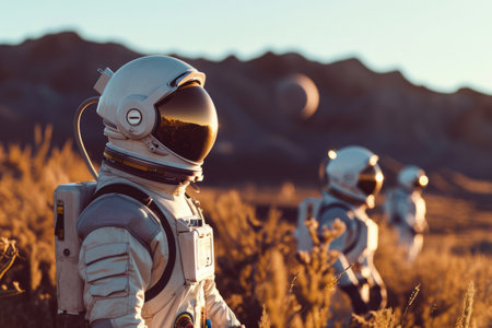Group of astronauts exploring unknown planet. People wearing space suits walking on mountain landscape. Space travel and colonization conceptの素材