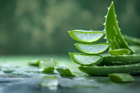 Slices of aloe vera on green background. Natural organic cosmetics and herbal medicine. Natural extract for skin careの素材