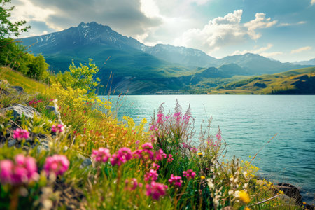 Beautiful spring landscape. Blooming flowers and trees on the meadow with green grass near lake against background with mountain peaksの素材
