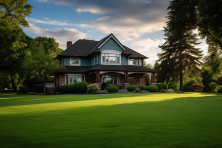 Single family house facade in suburb. Luxury house with green lawn and backyard. Real estate and private property.の素材