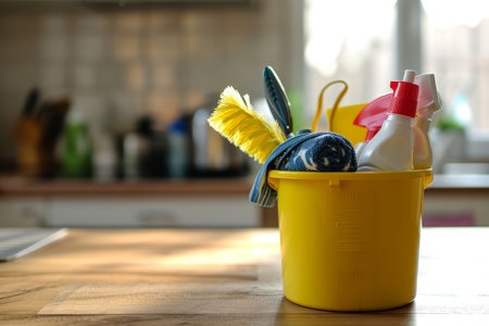 Bucket with cleaning items on wooden table against blurred kitchen background. Spring cleaning conceptの素材