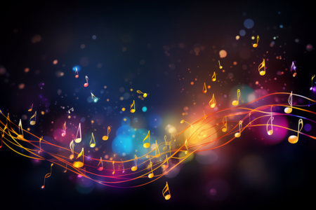 Music notes and signs add up to melody on abstract dark background. Musical banner.の素材