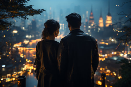 Man and woman silhouettes standing near digital city. Couple standing together at night and looking at night cityscapeの素材