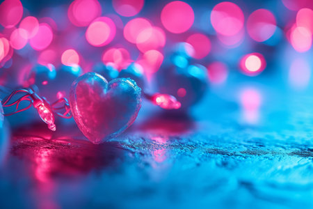 Abstract neon background with glowing hearts. Minimalistic banner for Valentine's Dayの素材