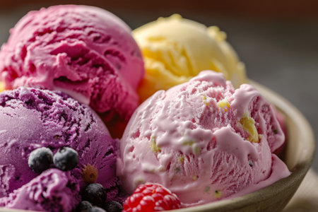 Vegan ice cream balls in bowl on the table. Healthy organic foodの素材