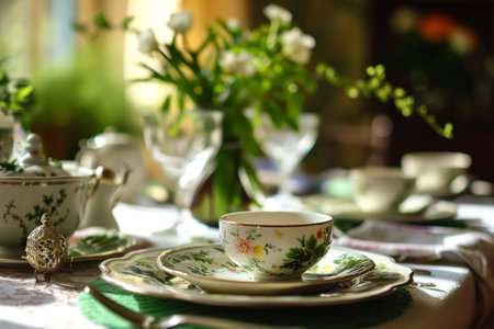 Spring table setting. Dishes and flowers on set table for festive dinnerの素材