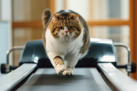 Fat cat runs on treadmill in gym. Funny pet doing cardio exercises for burning calories. Sports training for weight lossの素材