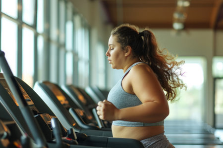 Overweight woman runs on treadmill in gym. Cardio exercises for burning calories. Sport training for weight lossの素材