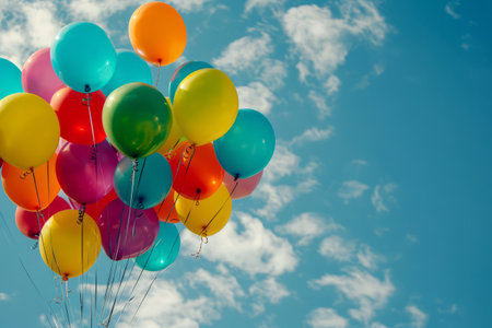 Bunch of colorful helium balloons are floating high up in blue sky. Party and birthday celebration conceptの素材