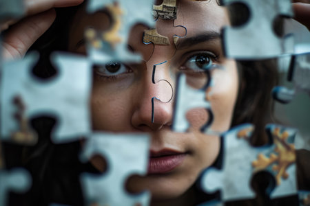 Woman head fragmented with many puzzle pieces. Mental disorder and chaos in consciousness, self identity conceptの素材