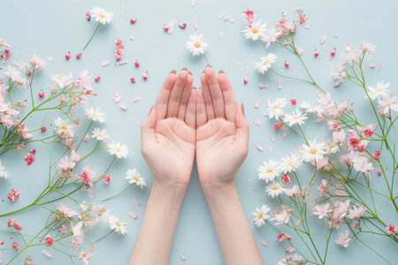 Woman hands among the spring flowers. Floral background with beautiful female hands. Natural cosmetics and skin care conceptの素材