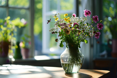 Spring flowers bouquet in vase on table in living room with morning sun light. Stylish apartment interior with blooming flowersの素材