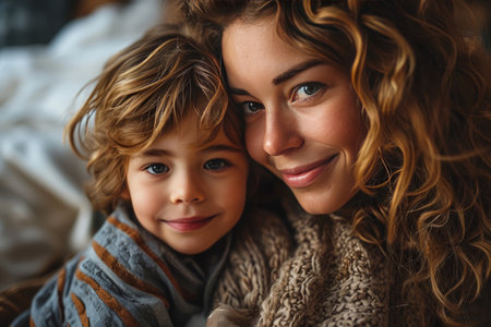 Loving mom hugging her son, Portrait of cheerful woman and little boy looking at camera, Happy parenthoodの素材