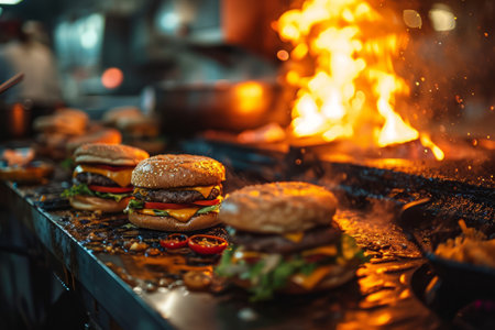 Process of cooking an order in kitchen of fast food restaurant. Chef prepares meat cutlet burgers. Take away foodの素材