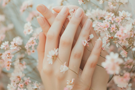 Woman hands among the spring flowers. Floral background with beautiful female hands. Natural cosmetics and skin care conceptの素材