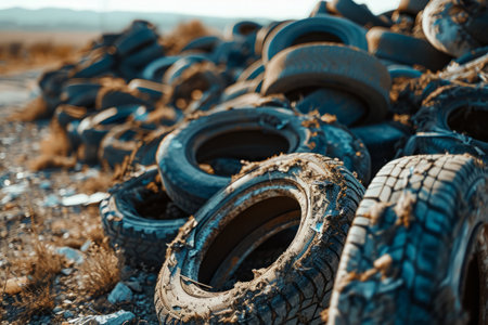 Landfill for recycling worn-out car tires. Stacked old using tires on the ground. Environmental pollutionの素材