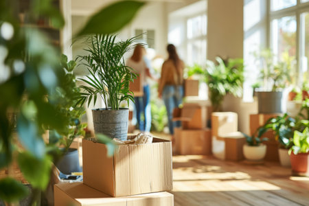 Young couple moving in a new house. Living room apartment interior with cardboard boxes and potted plants. Rental market conceptの素材
