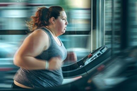 Overweight woman runs on treadmill in gym, motion blur effect. Cardio exercises for burning calories. Sport training for weight lossの素材