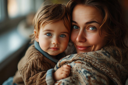Loving mom hugging her son, Portrait of cheerful woman and little boy looking at camera, Happy parenthoodの素材