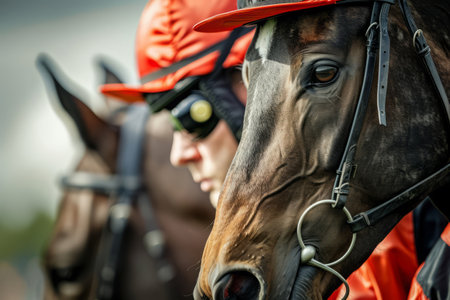 Rider is riding thoroughbred racehorse. Jockey at racetrack competition. Man riding horse. Horseback ridingの素材
