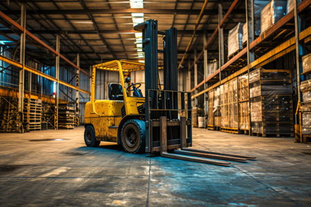 Forklift working in warehouse. Electric loader for loading goodsの素材