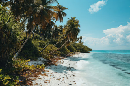 Tropical beach. Exotic landscape with white sand and palm trees on sea coastline. Summer vacationの素材